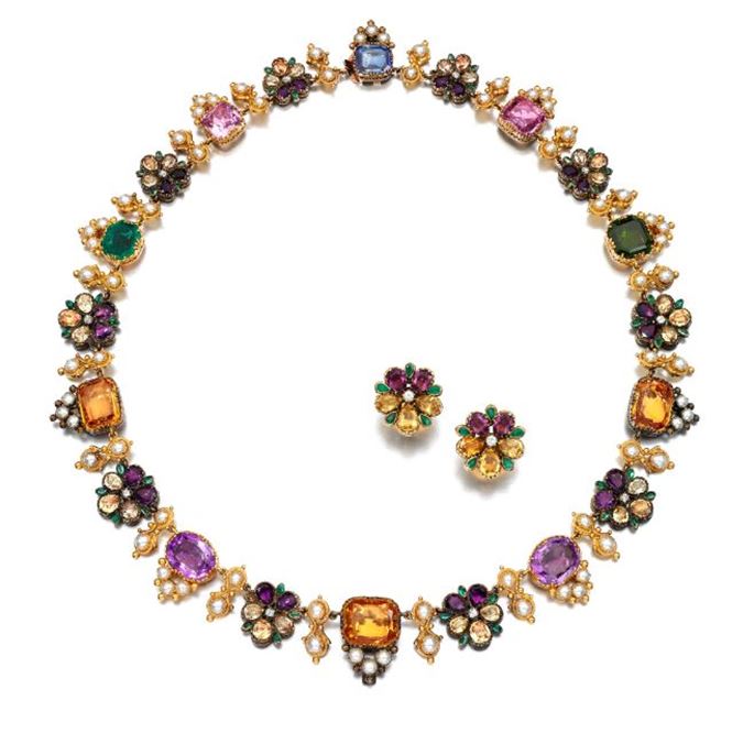 Antique vari-coloured gem, pearl and diamond necklace and a similar pair of later-made earrings | MasterArt
